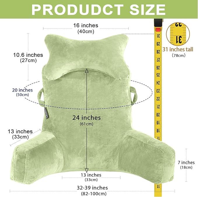 SLIGUY Reading Pillow-Bed Rest Pillow with Detachable Neck Roll & Higher Support Arm for Sitting in Bed Couch or Floor-Backrest Reading Pillow Adult Back Pillow for Reading/Watching TV/Gaming,Green