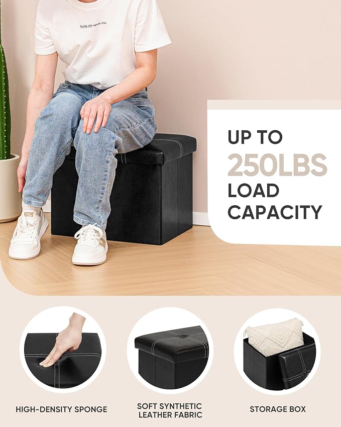 B FSOBEIIALEO Folding Storage Ottoman Cube, Faux Leather Footrest Seat Coffee Table, Black 16.5"x12.6"x12.6"