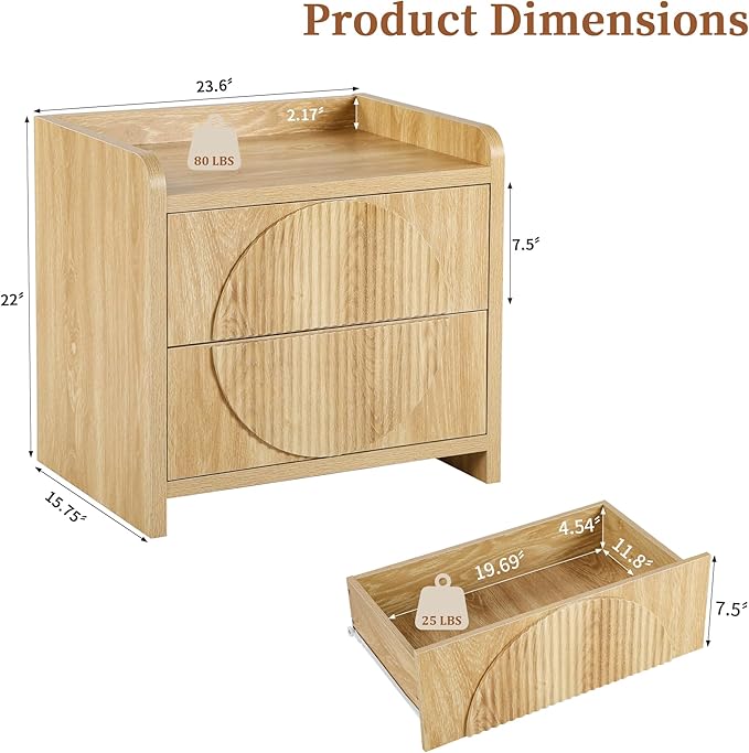 Turtle&Myrtle 24 Inch Wide Fluted Nightstands Set of 2, Large Night Stand with 2 Drawers, Mid Century Modern Bedside Table End Table with Storage for Bedroom Living Room Office (Natural)
