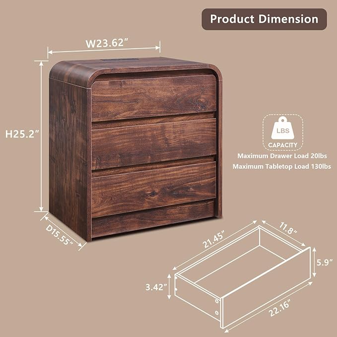 25" Tall Modern Nightstand Set of 2, 23.6" Wide Wood Bedside Table with Charging Station, 3 Storage Drawers Side Table w/Curved Profile Design,End Table for Bedroom, Living Room, Brown