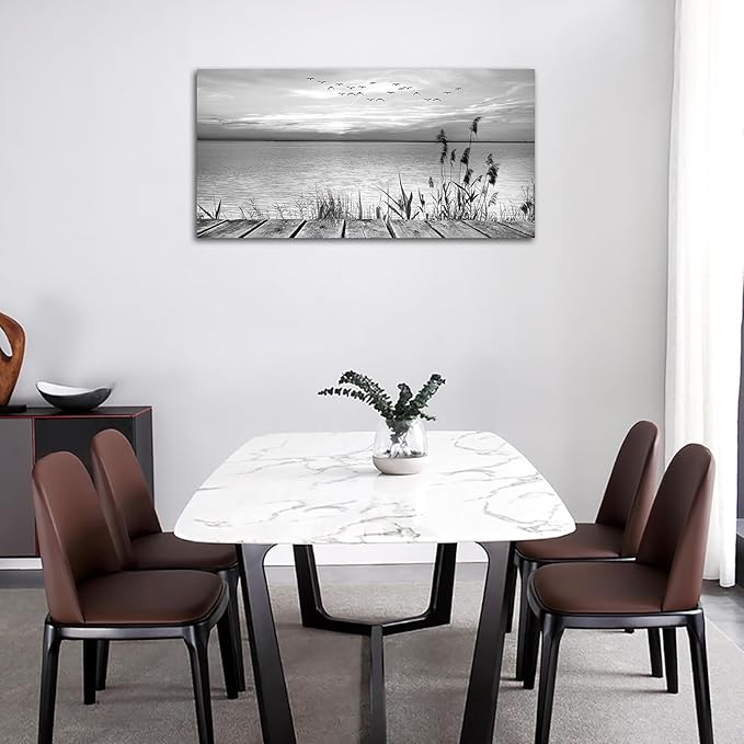 yearainn Black and White Canvas Wall Art Sunset Lake with Flying Birds Pictures for Wall Decor Nature Landscape Canvas Painting Artwork for Living Room Bedroom Home Office Wall Decoration 20" x 40"