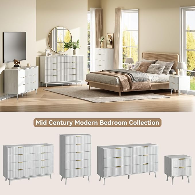 CARPETNAL Fluted 8 Drawer Dresser for Bedroom, 55" Wide Wooden Chest of Drawers with Rounded Corners, Gold Handles, Modern Storage Organizer for Bedroom, Hallway(White)
