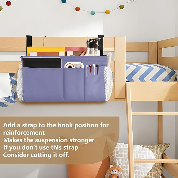 Purple Bedside Caddy Storage Bag Bedside Organizer for College Dorm Top Bunk Bed Hanging Storage Organizer 6 Pockets with Hooks for Book Glasses Phone Holder