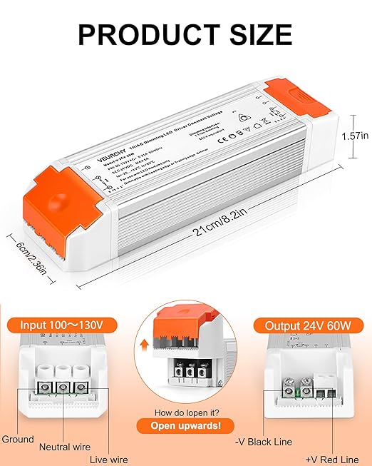24V Dimmable LED Driver, 60 Watt Dimmable LED Power Supply AC 120V to DC 24V Compatible with Lutron & Leviton Dimmer Switches, 24 Volt Led Transformer 60W for Strip Lights Smooth Dimming