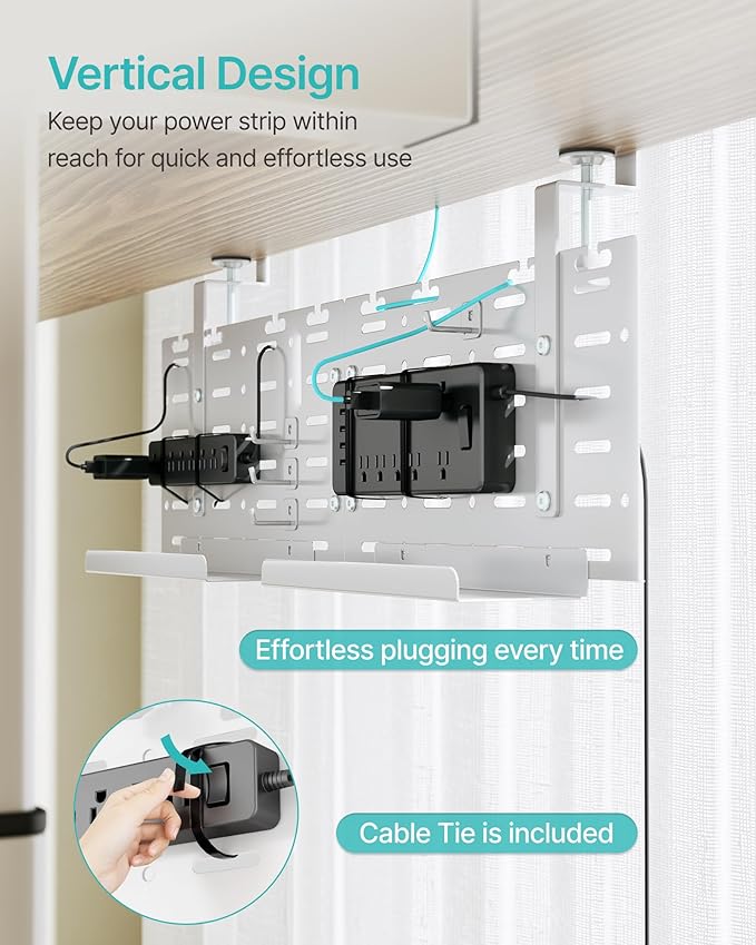 Under Desk Cable Management Tray, 30.2" Vertical Metal Pegboard Organizer for Power Strip, Cables, Clamp On Cord Organizer Rack with Hooks, Trays & Cable Straps for Home Office, White