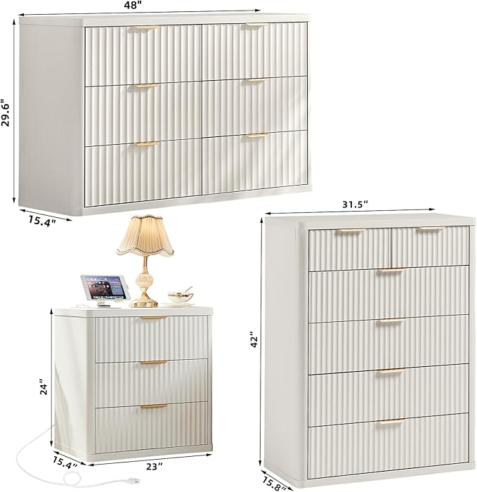 LEYAOYAO Fluted Dressers & Nightstand Set of 4, Wood 48" Wide Dresser & 42" Tall Chest of Drawers,Modern Bedroom Furniture Sets,White Wooden Nightstand Set of 2 with 3 Drawers & Charging Station