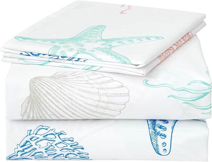 JSD Beach Theme Kids Printed Sheet Set Full, 4 Piece Starfish Jellyfish Coastal Summer Microfiber Bed Sheets Deep Pocket