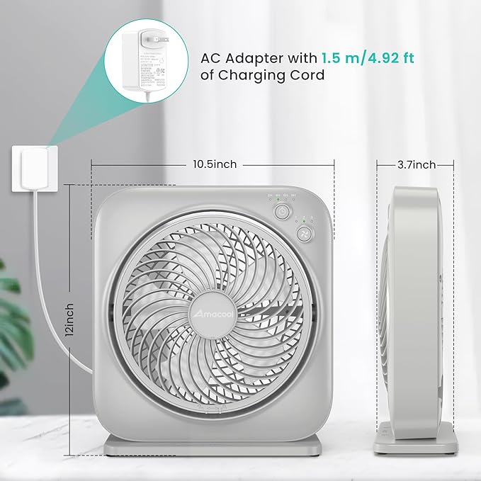 AMACOOL Table Fan, 12 inch Box Fan with 3 Adjustable Speeds & 8HRS Timer, Adjustable Angle Quiet Air Circulator, Desktop Fan for Bedroom Bathroom Kitchen Office, AC Adapter Included-Grey