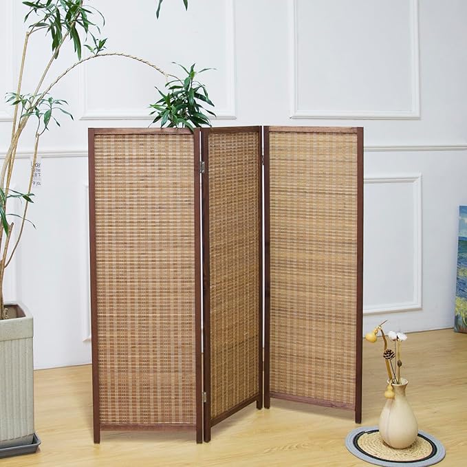 3 Panel Short Room Divider Screen,Brown Freestanding Partition,Small Bamboo Panel Divider for Room Seperation,3.95 FT Tall