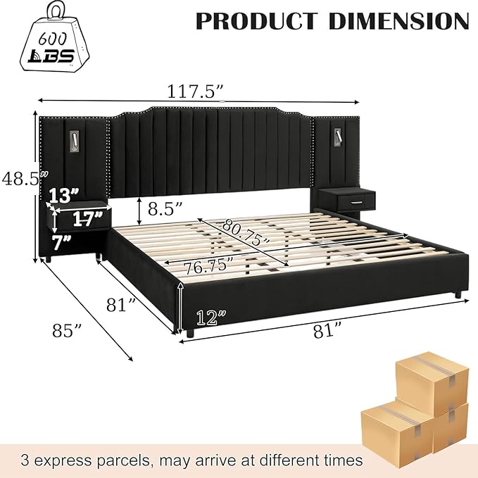 King Size Bed Frame with Storage, Luxury King Platform Bed Frame with Headboard, Velvet Fabric Upholstered Bedframe with LED Lights, Solid Frame & Bedside Table, No Box Spring Needed, Black