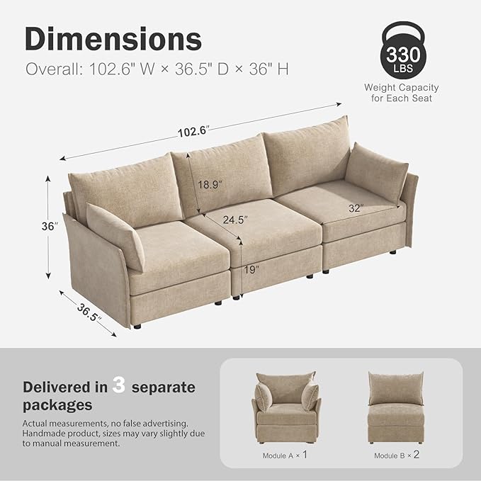 ABCASA 102.6" Modular Sectional Sofa, Oversized 3-Seater Couch with Removable Beige Chenille Fabric Cover, Deep Seat & High Backrest for Living Room, Office & Apartment