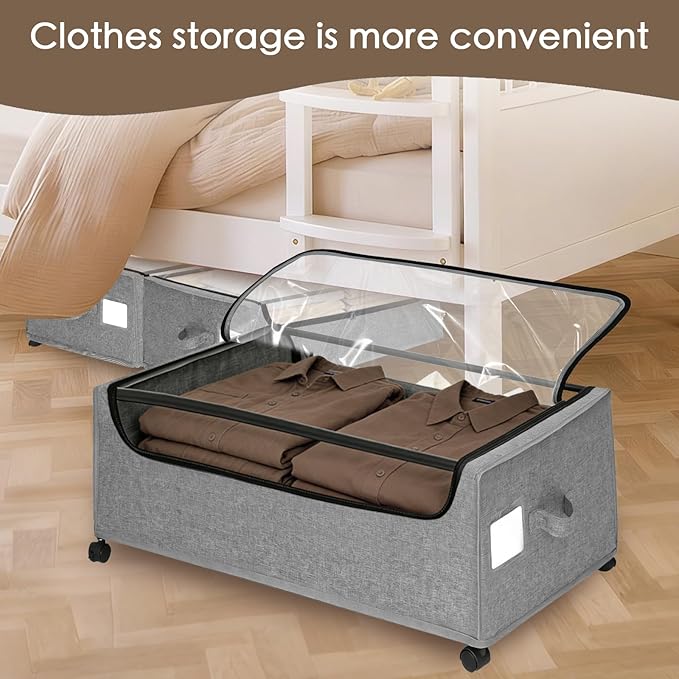 Under Bed Storage with Wheels, 2-Pack Under the Bed Storage Containers with Clear Lids & Label, Underbed Storage Bins, XXXL 85L 11 inches Rolling Metal Drawer for Clothes, Shoes, Toys, Books - Gray