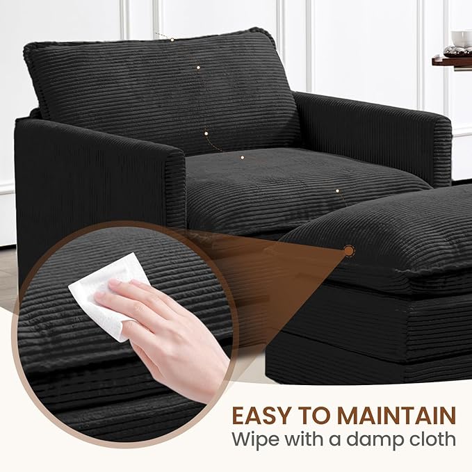 ROWHY Single Armchair with Ottoman, Modern Corduroy Cloud Couch with Convertible Chaise, Upholstered Sofa Set for Living Room, Black