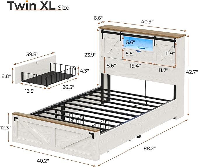 Hasuit Farmhouse Bed Frame Twin XL Size with 2 Storage Drawers, Wooden Platform Twin XL Bed with LED Lights and Charging Station, Rustic Headboard with Sliding Barn Door Storage Cabinets (White)