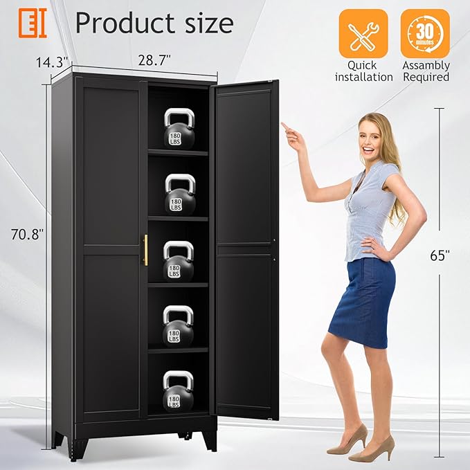 71" Tall Metal Pantry Storage Cabinet with Doors and 4 Adjustable Shelves, Black Kitchen Food Pantry Cabinets, Tall Freestanding Cupboard for Kitchen, Dining Room or Living Room, Black