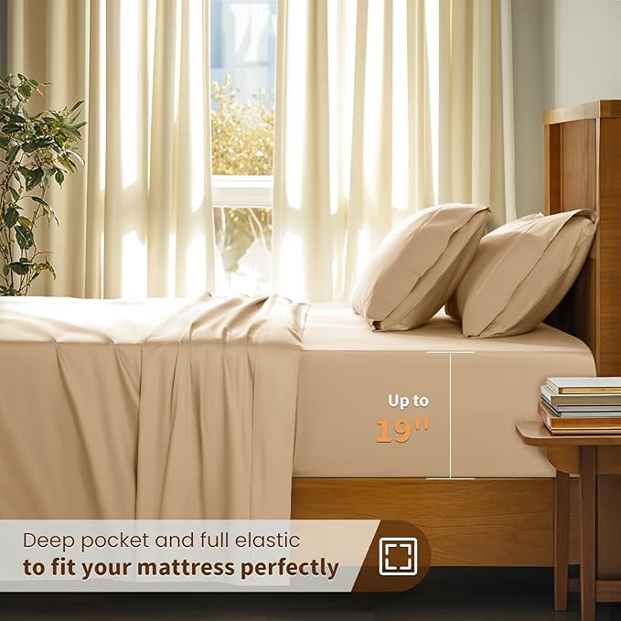 LBRO2M 100% Cotton Sheets Set Deep Pocket 19", 1000 Thread Count Full Size 4 Piece Bed Sheet Sets Soft Comfortable Bedding All Season (Full, Cream)