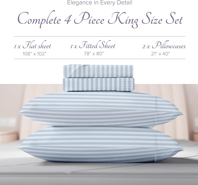 Carressa Linen Luxury Egyptian Cotton King Stripe Sheet Set, 600 Thread Count Extra Long Staple 4 PC Set, King Damask Sheet, Soft, Cooling Sateen Weave Striped Sheets Upto 18" Deep Pocket - Light Blue