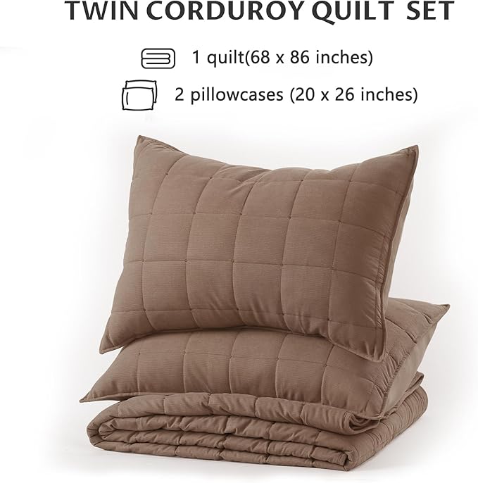 KASENTEX Twin Quilt Set 68"x86" – Soft Washed 3-Layer Lightweight Bedspread, Minimalist Nordic Design, All-Season Spring & Summer Quilt Set (1 Quilt + 2 Pillow Shams), Corduroy Blue