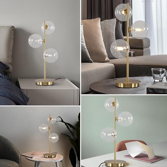 Glass Table lamp Gold,3-Globe Table lamp Tall,Reading Lamp for Bedroom Living Room Study Room