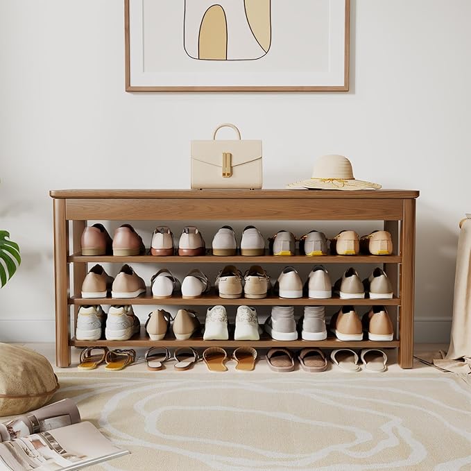 AQIMUELE 3 Tier Shoe Bench with Storage, Wood Shoe Rack for Front Door Entrance, Entryway Shoe Storage Bench.