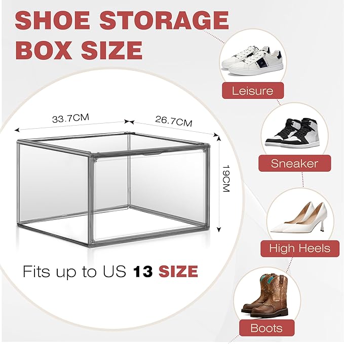 4 Pack Grey Large Shoe Storage Boxes Clear Plastic Stackable Shoe Display Case with Magnetic Door, Easy Assembly Fit up to US Size 13