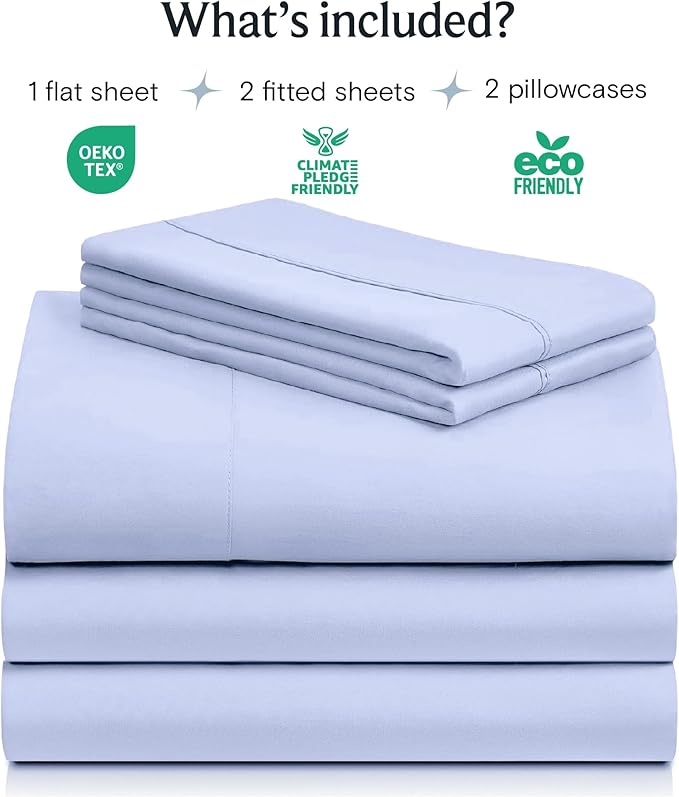 LuxClub 5 PC Sheet Set Bed Sheets Deep Pockets 16" Eco Friendly Wrinkle Free Cooling Machine Washable Hotel Bedding Silky Soft - Sky Blue Split King