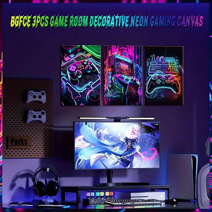 BGFCE Game Room Decor Set of 3 - Neon Gaming Accessories Theme Canvas Wall Art, Gamer Console Paintings Posters Picture Wall Decor for Children Youth Boys Bedroom 16x24in Framed