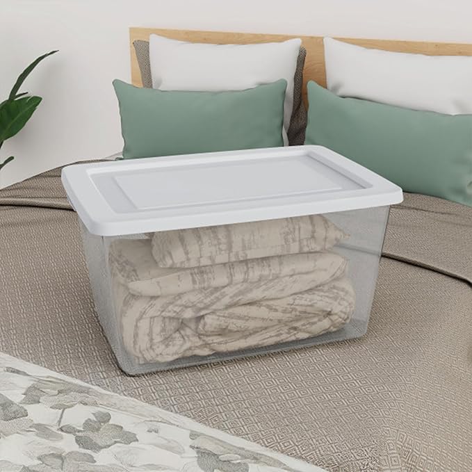 Sterilite 32 Pack Storage Box, 58 Quart Stackable Tote, Clear Plastic Container with Secure Snapping Lids for Home and Office Organization, White