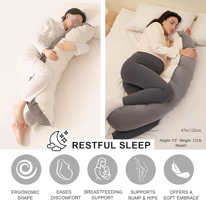 Peallow(Pat. Pend) – Long Round Body Pillow for Adults, Bolster Pillow for Sleeping, Soft and Supportive Pillow for Sleeping & Lumbar Support (Gray-White, 47")