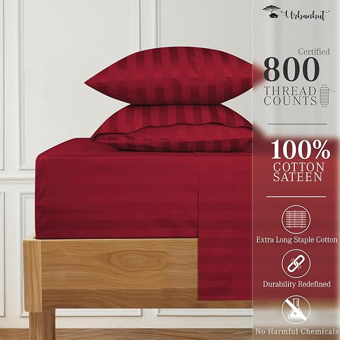 URBANHUT 800 Thread Count 100% Cotton Damask King Size Sheets, 4 Piece Striped King Size Bedsheets, Luxury Hotel Sheets Sateen Weave - Better Than Egyptian, 16" Elasticized Deep Pocket- Burgundy