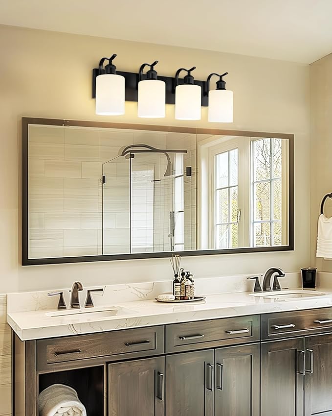 Black Vanity Light, 4-Light Bathroom Light Fixture, Modern Wall Sconce with Milk Glass, VL01BKW-4
