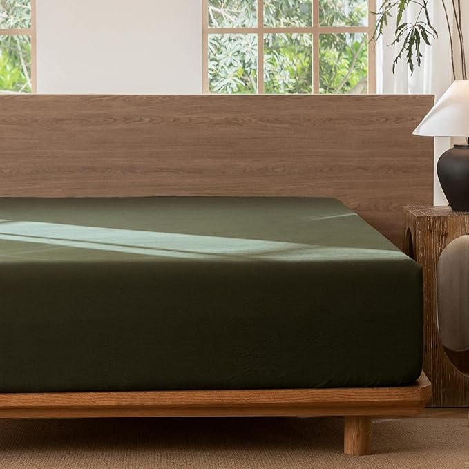 MooMee Fitted Bottom Sheet Only 100% Washed Cotton Linen Like Textured Breathable Durable Soft Comfy Deep Pocket Fits Mattress up to 17" (Olive Green, Queen)