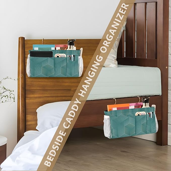 Bedside Caddy Hanging Bunk Bed Caddy Bed Organizer Hanging Pocket with 2 Hooks Bedside Storage Organizer Pocket Bag Holder Geometric Green