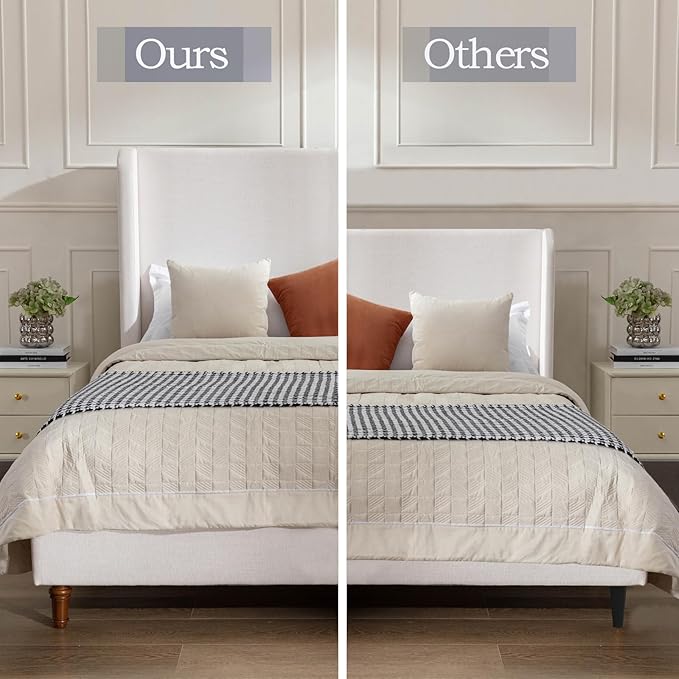 King Size Upholstered Platform Bed with 54" Tall Wingback Headboard/Elegant Upholstered Bed Frame Without Wooden Slats/Box Spring Required/Easy Assembly/Textured Ivory Canvas