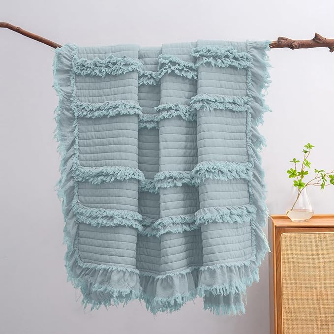 Ultra Soft Pre-Washed Warm Quilted Throw Blanket, Ruffle Fringed Blue Green Boho Decorative Throw, Stone Washed Chic Rustic Blanket for Sofa Couch Bed Chair, 50"x 60"