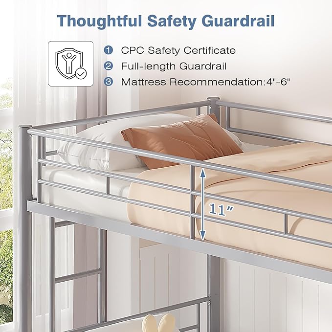 VECELO Bunk Bed Twin Over Twin, Metal Bunkbeds with Ladder and Full-Length Guardrail, No Box Spring Needed, Space Saving, Noise Free, Grey