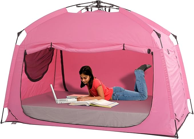 Indoor Instant Privacy Bed Tent for Sleeping,Quick Set-up Bed Canopies,Portable Bed Drapes with Large Space and 3 Doors (Pink, Twin)