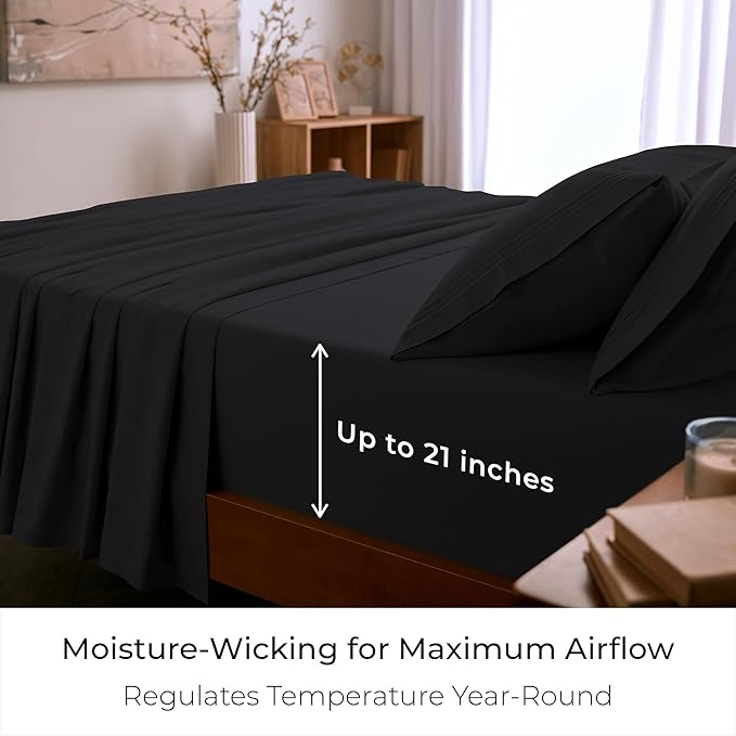 Mellanni Full Sheet Set - 6-Piece Iconic Collection Bedding, (Including 4 Pillowcases), 21-Inch Extra Deep Pocket, Easy Care, Ultra Soft, Cooling Sheets, Brushed Microfiber - Black