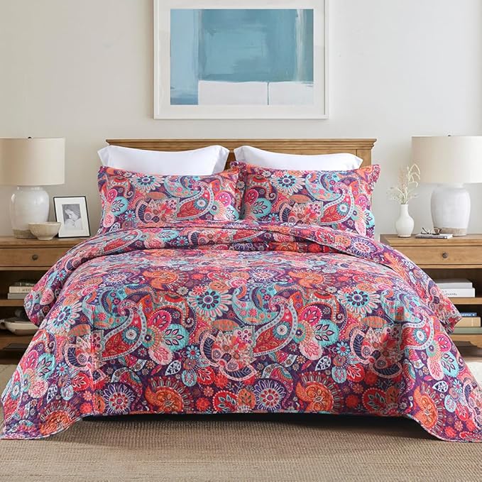 Cotton Bedspread Quilt Sets Reversible Bedding Coverlet Sets Comforter Paisley Floral Bohemian Bedspread,Bohemian Red Gorgeous Pattern,Queen Size
