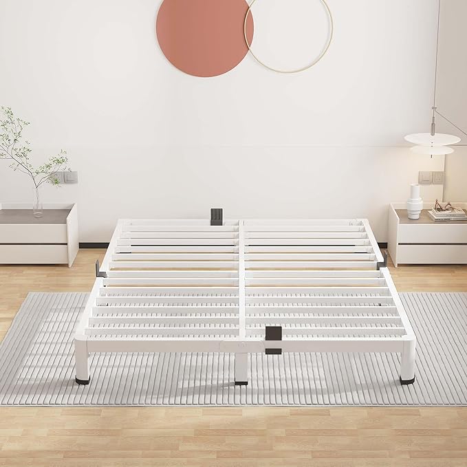 ROIL 4 Inch White King Bed Frame with Rounded Corner and Mattress Retainers, 3500LBS Heavy Duty Steel Slats No Box Spring Needed Platform Noise-Free Easy Assembly