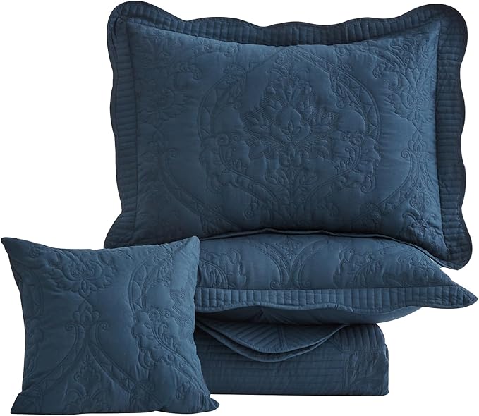 CHIXIN Bedspread Coverlet Quilt Set Full Size - Lightweight Bedding Cover - Beautiful Stitching - 5 Piece Reversible Bedspread - Gorgeous Damask Paisley Pattern (Full, Navy)