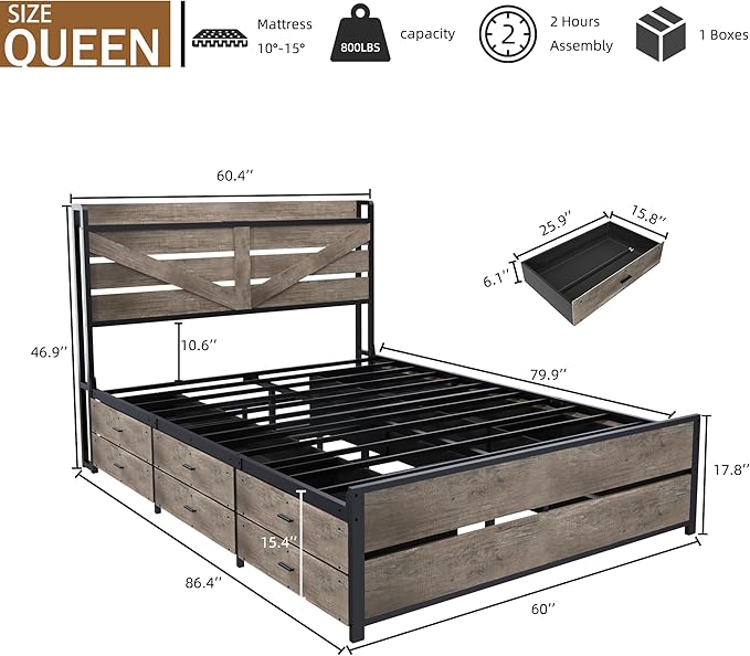 Queen Size Wooden Bed Frame with 12 Storage Drawers and Headboard, Farmhouse Platform Bed Frame with Charging Station, No Box Spring Needed, Stable and Solid, Noise Free. (Oak, Queen)