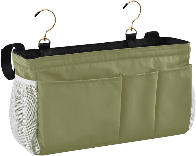 Olive Color Bedside Caddy Storage Bag Bedside Organizer for Dorm Room Top Bunk Bed Bedside Shelf Hanging Organizer 6 Pockets with Hooks for Glasses Book Tablet Holder
