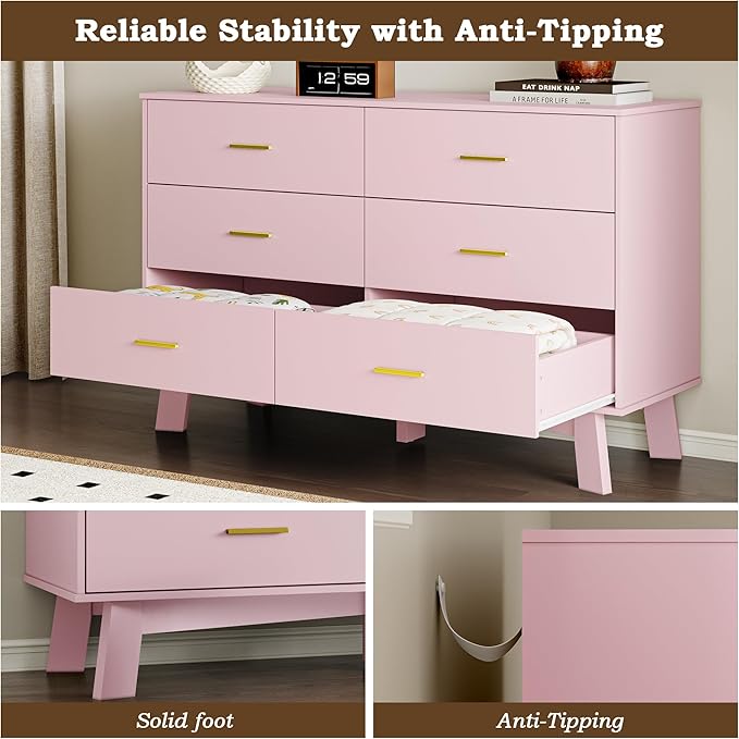 Dresser for Bedroom with 6-Drawer, 47.2" Modern Chest of Drawers with Metal Handles, X-Shape Base & Adjustable Center Leg, Anti-Tip Closet Organizers and Storage