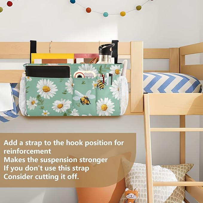Bedside Caddy Hanging Bunk Bed Caddy Bed Organizer Hanging Pocket with 2 Hooks Bedside Storage Organizer Pocket Bag Holder Mint Green Daisy Flowers and Bees