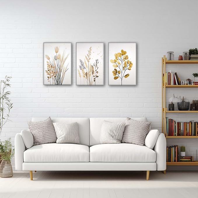 YCJKJDZ Beige Botanical Wrapped Canvas Wall Art Set of 3, Boho Watercolor Wildflower Pampas Grass Poster Neutral Leaf Art Fall Nature plant Prints for Living Room, Bedroom, Office, – 16x24 in