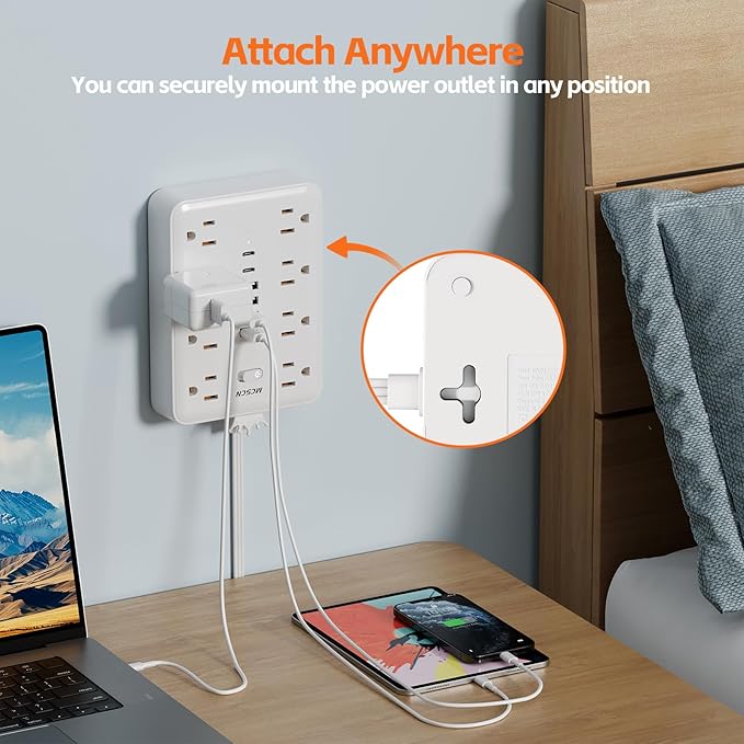 Ultra Thin Flat Plug Surge Overload Protector Power Strip Wall Outlet with 8 AC Power Outlets 6 USB (2 USB C) for Home Office Dorm Travel Essentials 15A 1875W UL Released (5FT)