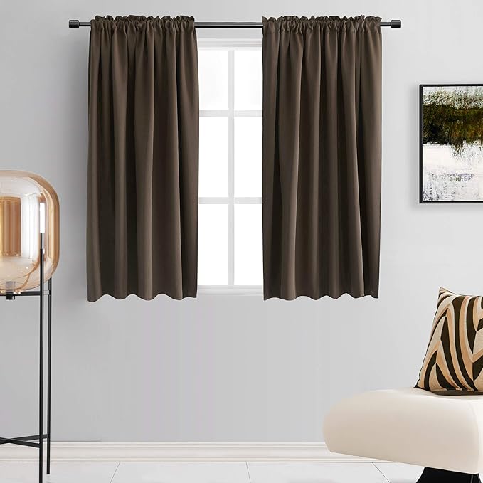 DONREN 48 Inch Length Short Curtains for Kitchen - Small Window Treatment Rod Pocket Blackout Curtain Drapes (1 Pair,Chocolate Brown,52 Inches Wide by 48 Inches Long)