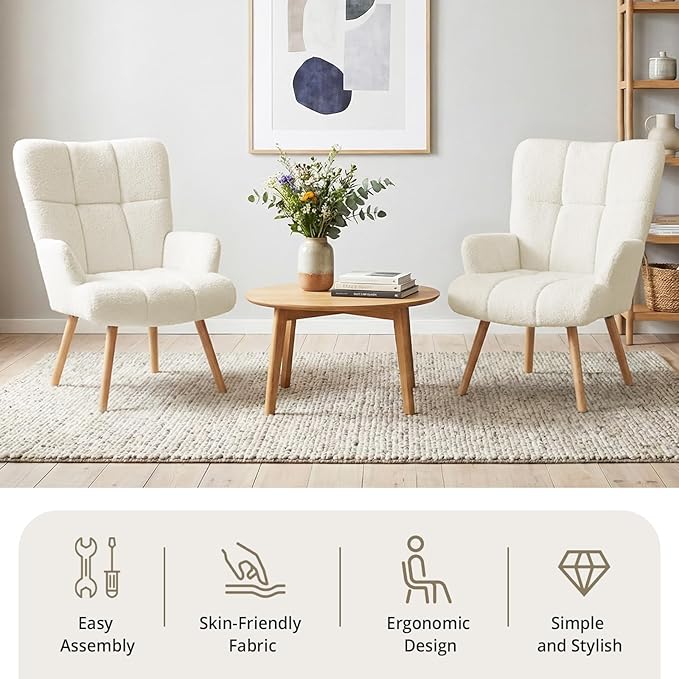 Joysoul Modern Accent Chair, High Back Arm Chair with Wood Legs Sofa Seat Teddy Fleece Fabric Reading Chair for Living Room Bedroom Waiting Room (White)