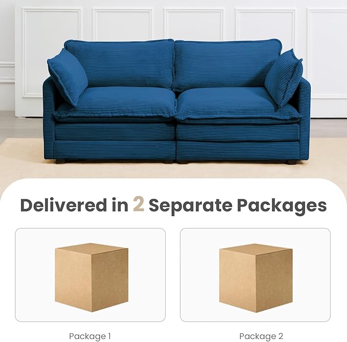 78'' Sectional Modular 2 Seat Cloud Loveseat, Oversized Love Seat 2 Seat Sofa with 2 Throw Pillows, Upholstered Corduroy Sofa Comfy Deep Couches for Living Room and Office, Blue
